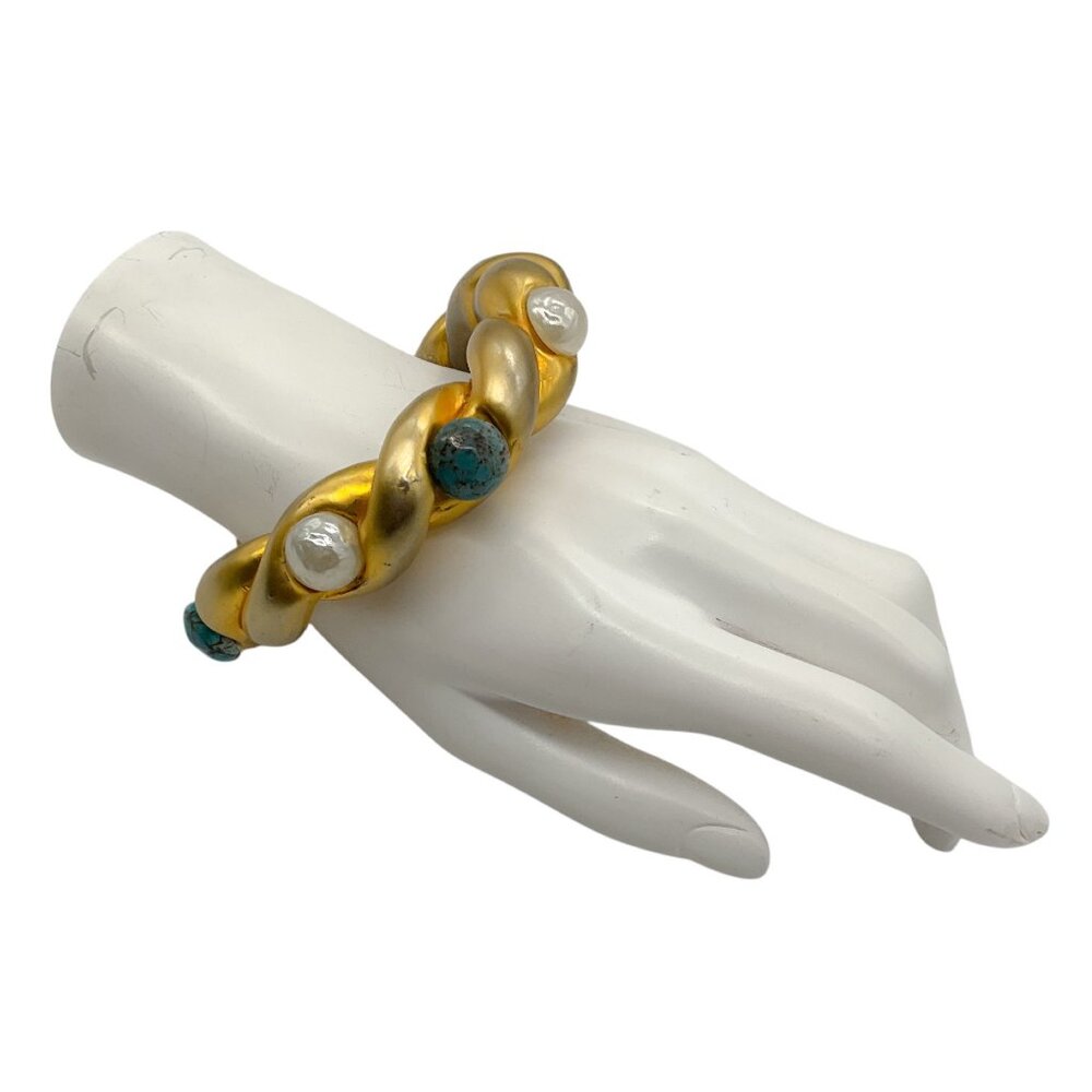 Chanel Vintage Pearl and Aqua Resin Embellished Gold Enamel Chunky Bangle Bracel - Picture 6 of 7